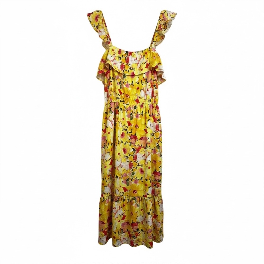 LC Lauren Conrad Floral Midi Dress Ruffle Straps Yellow Pink White S Cottgecore